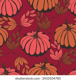 Seamless pattern with pumpkins on color background. Vector hand drawn sketched pumpkin. Autumn illustration for holidays, Halloween. Various food items in doodle style.