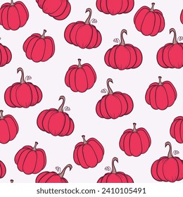 Seamless pattern with pumpkins on color background. Vector hand drawn sketched pumpkin. Autumn illustration for holidays, Halloween. Various food items in doodle style.