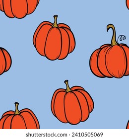 Seamless pattern with pumpkins on color background. Vector hand drawn sketched pumpkin. Autumn illustration for holidays, Halloween. Various food items in doodle style.