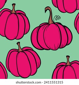 Seamless pattern with pumpkins on color background. Vector hand drawn sketched pumpkin. Autumn illustration for holidays, Halloween. Various food items in doodle style.