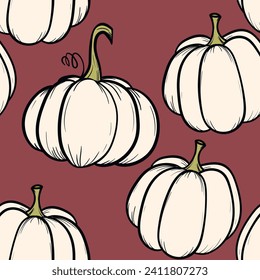 Seamless pattern with pumpkins on color background. Vector hand drawn sketched pumpkin. Autumn illustration for holidays, Halloween. Various food items in doodle style.