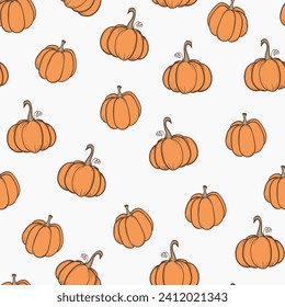 Seamless pattern with pumpkins on color background. Vector hand drawn sketched pumpkin. Autumn illustration for holidays, Halloween. Various food items in doodle style.