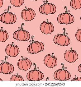 Seamless pattern with pumpkins on color background. Vector hand drawn sketched pumpkin. Autumn illustration for holidays, Halloween. Various food items in doodle style.