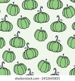 Seamless pattern with pumpkins on color background. Vector hand drawn sketched pumpkin. Autumn illustration for holidays, Halloween. Various food items in doodle style.