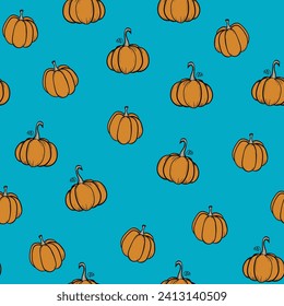 Seamless pattern with pumpkins on color background. Vector hand drawn sketched pumpkin. Autumn illustration for holidays, Halloween. Various food items in doodle style.