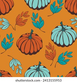 Seamless pattern with pumpkins on color background. Vector hand drawn sketched pumpkin. Autumn illustration for holidays, Halloween. Various food items in doodle style.