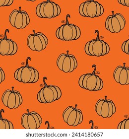 Seamless pattern with pumpkins on color background. Vector hand drawn sketched pumpkin. Autumn illustration for holidays, Halloween. Various food items in doodle style.