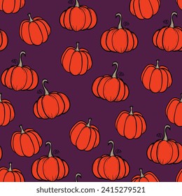 Seamless pattern with pumpkins on color background. Vector hand drawn sketched pumpkin. Autumn illustration for holidays, Halloween. Various food items in doodle style.