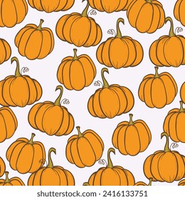 Seamless pattern with pumpkins on color background. Vector hand drawn sketched pumpkin. Autumn illustration for holidays, Halloween. Various food items in doodle style.