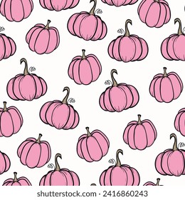 Seamless pattern with pumpkins on color background. Vector hand drawn sketched pumpkin. Autumn illustration for holidays, Halloween. Various food items in doodle style.