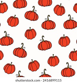 Seamless pattern with pumpkins on color background. Vector hand drawn sketched pumpkin. Autumn illustration for holidays, Halloween. Various food items in doodle style.