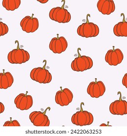 Seamless pattern with pumpkins on color background. Vector hand drawn sketched pumpkin. Autumn illustration for holidays, Halloween. Various food items in doodle style.