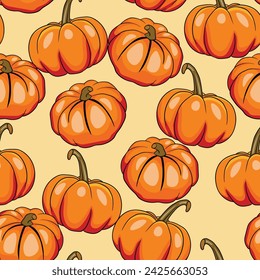 Seamless pattern with pumpkins on color background. Vector hand drawn sketched pumpkin. Autumn illustration for holidays, Halloween. Various food items in doodle style.