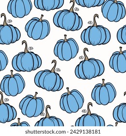 Seamless pattern with pumpkins on color background. Vector hand drawn sketched pumpkin. Autumn illustration for holidays, Halloween. Various food items in doodle style.