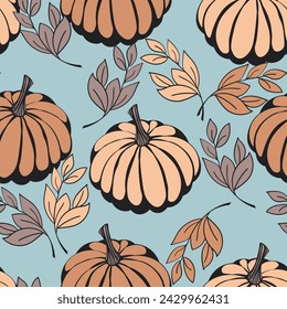 Seamless pattern with pumpkins on color background. Vector hand drawn sketched pumpkin. Autumn illustration for holidays, Halloween. Various food items in doodle style.