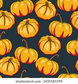 Seamless pattern with pumpkins on color background. Vector hand drawn sketched pumpkin. Autumn illustration for holidays, Halloween. Various food items in doodle style.