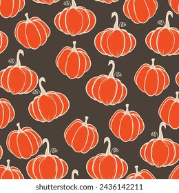 Seamless pattern with pumpkins on color background. Vector hand drawn sketched pumpkin. Autumn illustration for holidays, Halloween. Various food items in doodle style.