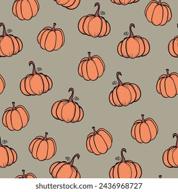 Seamless pattern with pumpkins on color background. Vector hand drawn sketched pumpkin. Autumn illustration for holidays, Halloween. Various food items in doodle style.