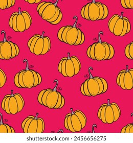 Seamless pattern with pumpkins on color background. Vector hand drawn sketched pumpkin. Autumn illustration for holidays, Halloween. Various food items in doodle style.