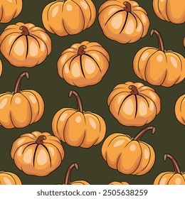 Seamless pattern with pumpkins on color background. Vector hand drawn sketched pumpkin. Autumn illustration for holidays, Halloween. Various food items in doodle style.