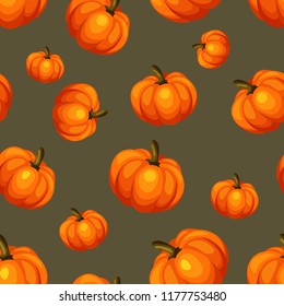 Seamless pattern with pumpkins on green background. Thanksgiving day vegetable. Autumn holidays. Isolated vector Illustration. Design for web page, fabric, wallpaper, textile, invitations, flyers.