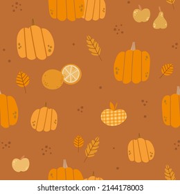 Seamless pattern with pumpkins on light brown background. Thanksgiving autumn digital background with vector hand drawn elements. Seamless pattern for kids fabric, textile and scrapbook paper.