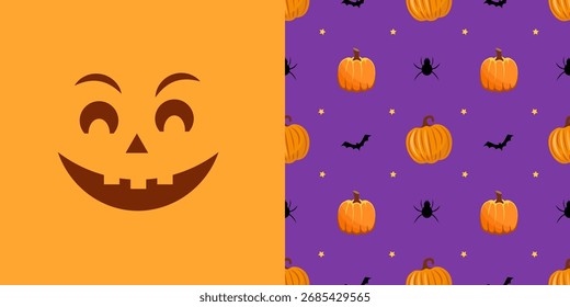 Patrón sin fisuras con calabazas sobre un fondo lila. Feliz Halloween