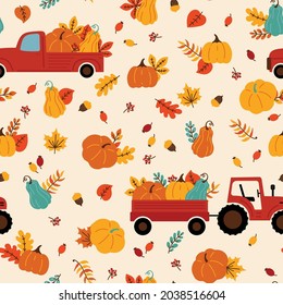 Seamless Pattern With Pumpkins On Red Car And Tractor And Falling Leaves On A Yellow Background. Bright Texture For Fall Season And Harvest Time. Cartoon Design In A Vector. 