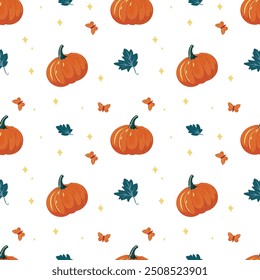 Seamless pattern of pumpkins on transparent background. For printing on fabrics and napkins. Thanksgiving holiday and happy harvest