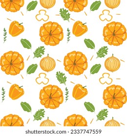Seamless pattern of pumpkins, onions, lettuce, and fruits. Creative texture for fabric, packaging, textiles, wallpaper, and clothing. Vector illustration for kids. Cute fruit background.