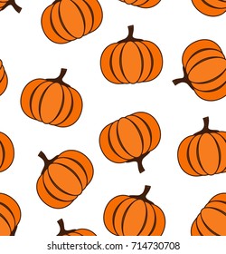 Seamless pattern with pumpkins over white background, vector illustration.  Seasonal greeting card or Thanksgiving party invitation. Fall background in flat design style