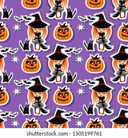 Seamless pattern with pumpkins and pretty witch.  Halloween vector illustration. Flat style. Design element for wrapping paper, banner, wallpaper or fabric.