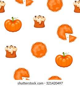 Seamless pattern with pumpkins, pumpkin pies and pumpkin muffins