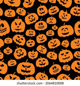 Seamless Pattern with Pumpkins, Random Jack-O'-Lantern Pumpkins, Halloween Decor Pattern, Seamless Carved Pumpkin Texture