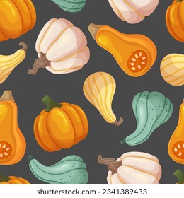 Seamless Pattern with Pumpkins, Repeated Arrangement Of Gourds In A Tile Design, Perfect For Autumn-themed Decorations And Adding A Festive Touch To Creative Projects. Cartoon Vector Illustration