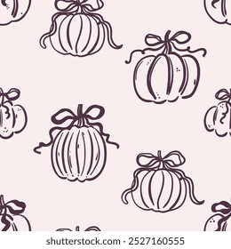 Seamless pattern of pumpkins with ribbon bows on beige background. Hand-drawn black line art. Cozy fall season. Autumn harvest. Thanksgiving celebration. Vector design