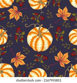 Patrón sin soldadura con calabazas, caderas de rosales, hojas de castaño.Gráficos vectoriales.