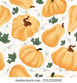 seamless pattern with pumpkins of round long and convex shape of yellow color and pumpkin leaves on a light background, vector