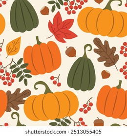 padrão sem costura com abóboras, rowan, bolotas, nozes e folhas; fundo de outono - ilustração vetorial