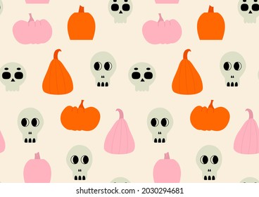 Seamless pattern with pumpkins and sculls. Vector halloween backround in cute flat style