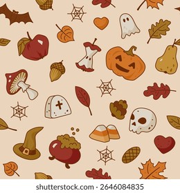 Seamless pattern with pumpkins, skulls, autumn leaves and Halloween attributes. 