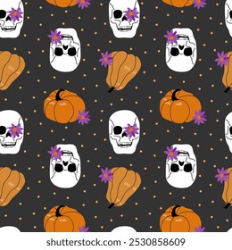 Seamless pattern with pumpkins and skulls on a gray background