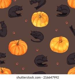 Seamless pattern with pumpkins and sleeping black cats