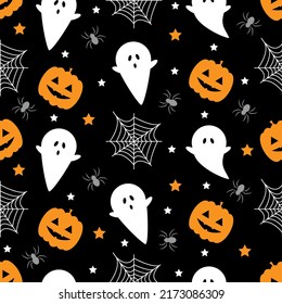 Seamless pattern with pumpkins,  spider, ghost. Halloween background. Vector illustration.