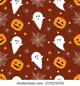 Seamless pattern with pumpkins, spider, ghost. Halloween background. Vector illustration.	