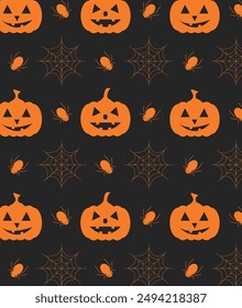 Seamless pattern with pumpkins, spiders and cobwebs for Halloween on a dark background.