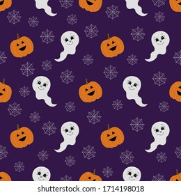 Seamless pattern with pumpkins, spiderweb and ghost. Halloween background. Vector illustration.