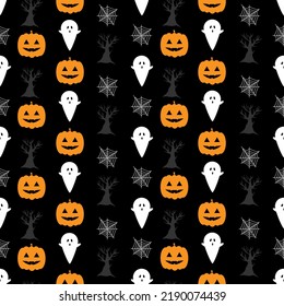 Seamless pattern with pumpkins,  spiderweb, ghost. Halloween background. Vector illustration.