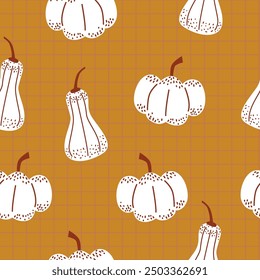 Seamless pattern of pumpkins and squash. Vegetables on yellow grid background. Autumn harvest design. 