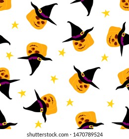 Seamless pattern with pumpkins and stars on white background. Halloween design